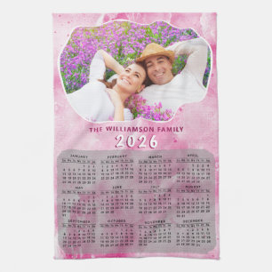 Custom Photo Pink Family Name 2026 Calendar Tea Towel