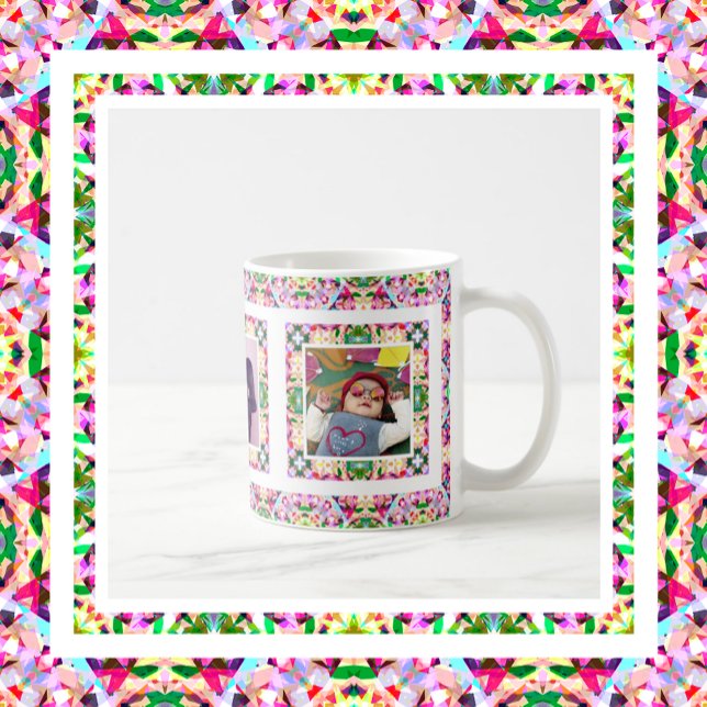 Custom Photo Pink Green Mother’s Day Mom Keepsake Coffee Mug (Vibrant Pink and Happy Green Three Custom Photo Mother’s Day Keepsake Tea and Coffee Mug )
