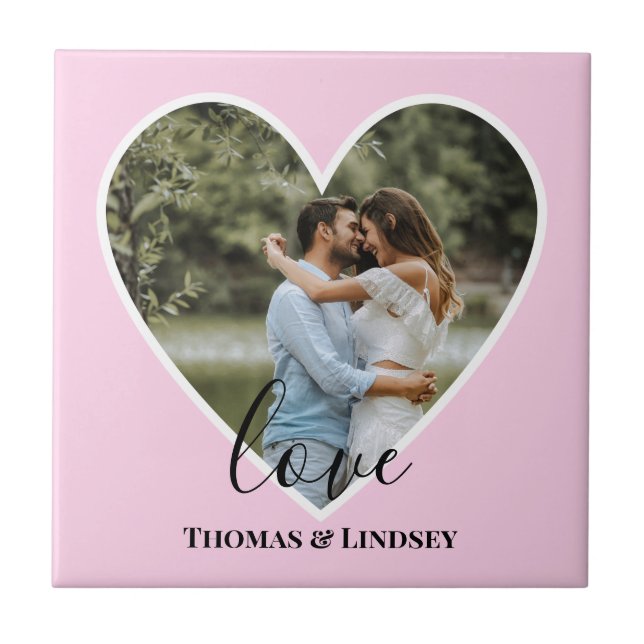 Custom Photo Pink Heart Frame Modern Calligraphy Ceramic Tile (Front)