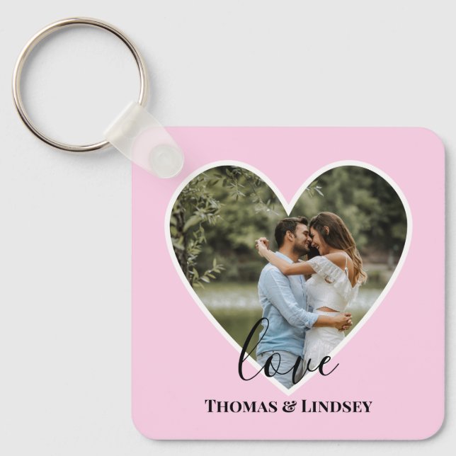 Custom Photo Pink Heart Frame Modern Calligraphy Key Ring (Front)