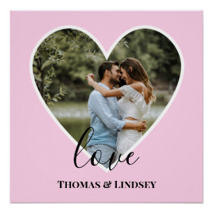 Custom Photo Pink Heart Frame Modern Calligraphy Poster