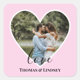 Custom Photo Pink Heart Frame Modern Calligraphy Square Sticker