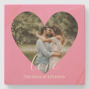 Custom Photo Pink Heart Frame Modern Calligraphy Stone Coaster
