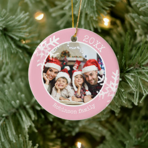 Custom Photo Pink Snowflake Ceramic Ornament