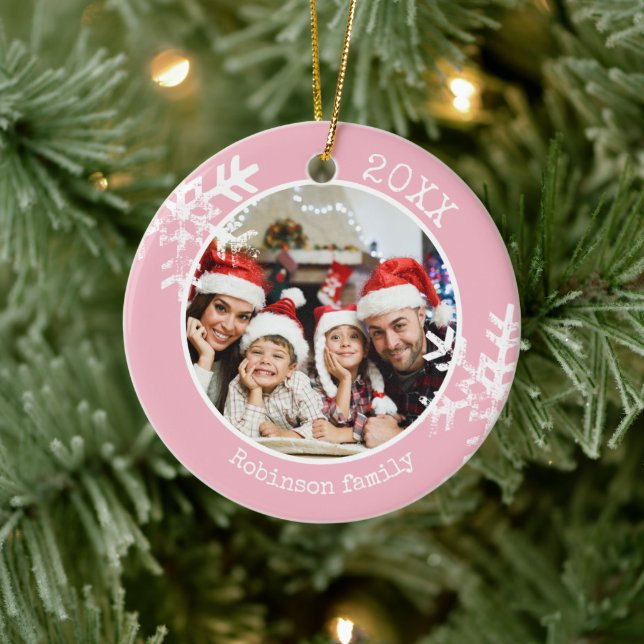 Custom Photo Pink Snowflake Ceramic Ornament (Tree)