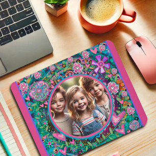 Custom Photo Pink Teal Fun Colourful Heart Floral Mouse Pad
