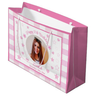 Custom Photo Pink White Plaid 17th Birthday  Large Gift Bag
