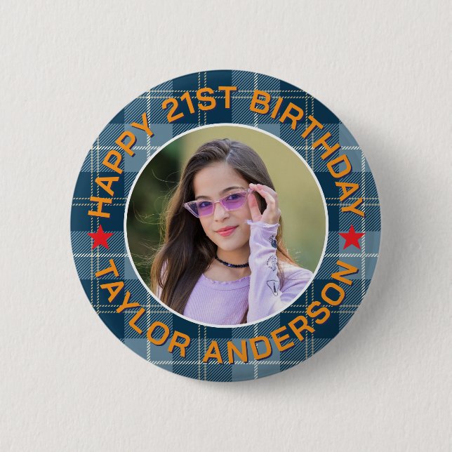 Custom Photo Plaid Pattern Retro Happy Birthday 6 Cm Round Badge (Front)