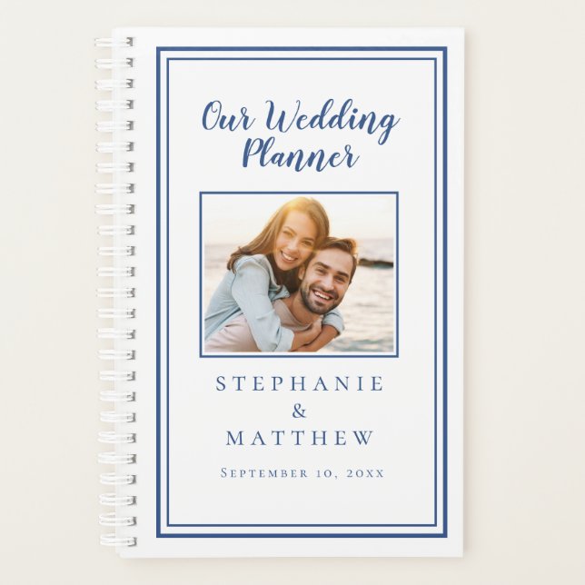 Custom Photo Planner Simple Blue & White Wedding (Front)
