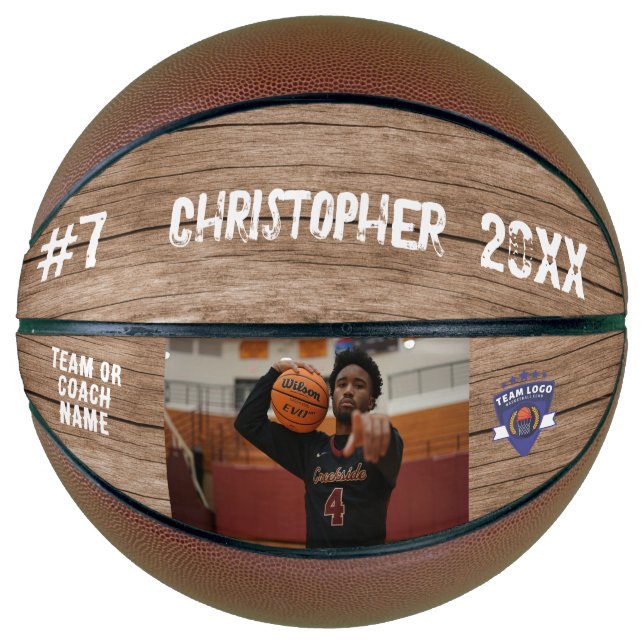 Custom photo player name number team logo wood basketball (Front)