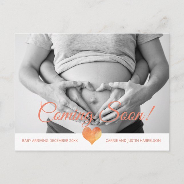 Custom Photo Pregnancy Announcement Coming Soon Postcard (Front)