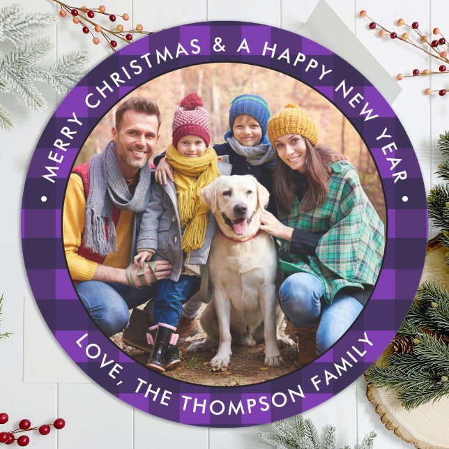Custom Photo Purple Buffalo Plaid Merry Christmas Classic Round Sticker (Creator Uploaded)