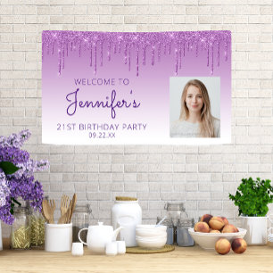 Custom Photo Purple Glitter Drip 21st Birthday Banner