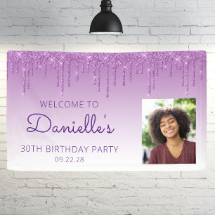 Custom Photo Purple Glitter Drip 30th Birthday Banner