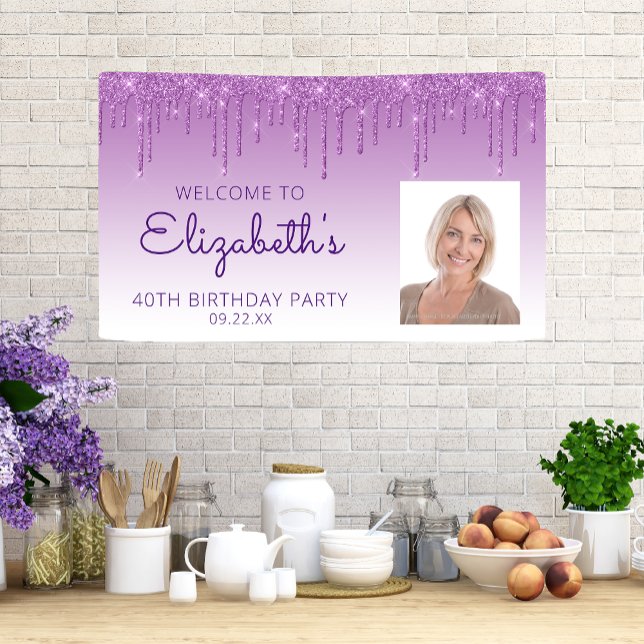 Custom Photo Purple Glitter Drip 40th Birthday Banner (Creator Uploaded)