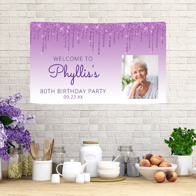 Custom Photo Purple Glitter Drip 80th Birthday Banner (Creator Uploaded)