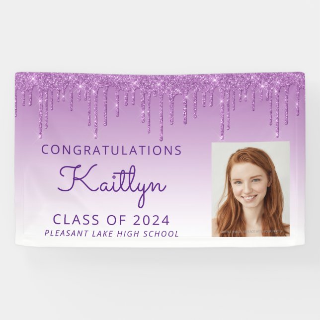 Custom Photo Purple Glitter Drip Graduation Banner (Horizontal)