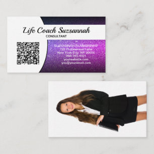 Custom Photo Purple Ombre Glitter QR Professional Business Card