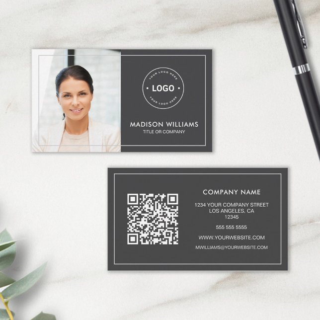 Custom Photo QR Code Business Card (Modern Dark Gray QR Photo Logo Business Card)