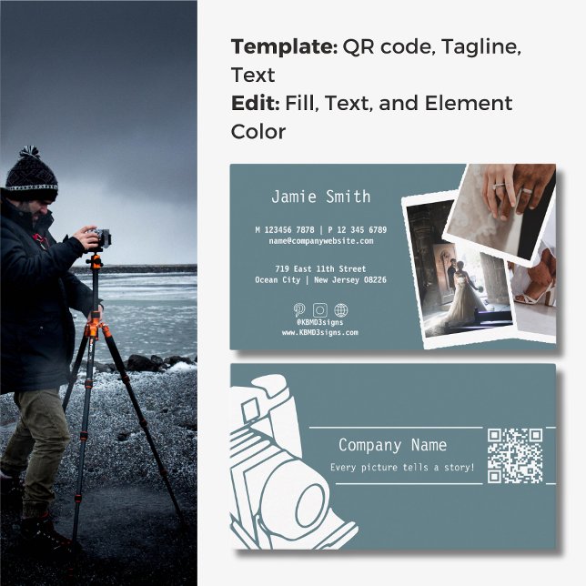 Custom Photo QR code Career Photography Grey Blue  Business Card (Custom Photo QR code Career Photography Gray Blue Business Card, Photo Symbol, Tagline)