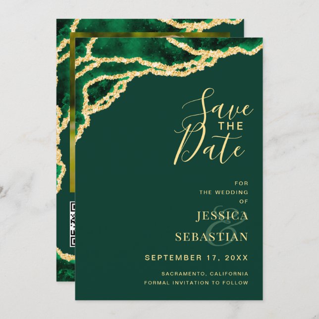 Custom Photo QR Code Emerald Green Agate Modern Save The Date (Front/Back)