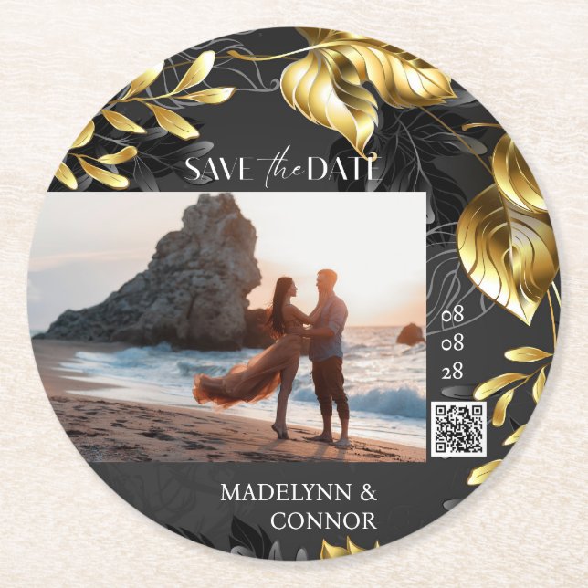 Custom Photo QR Code Grey Golden Save the Date Round Paper Coaster (Front)