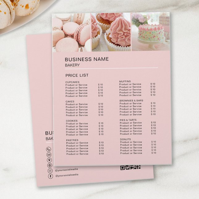 Custom Photo QR Pink Bakery Price List Flyer (Create your own Bakery Cake Shop Confectionery Price List Flyer by MINTIC DESIGN STUDIO)