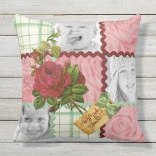 Custom Photo Quilt Block Red Pink Rose Green Plaid Outdoor Cushion