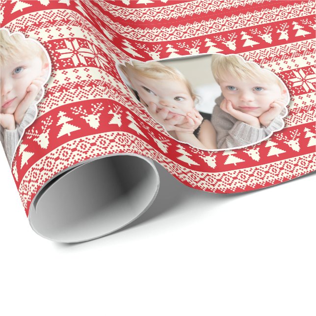 Custom Photo, Red and White, Christmas Wrapping Paper (Roll Corner)