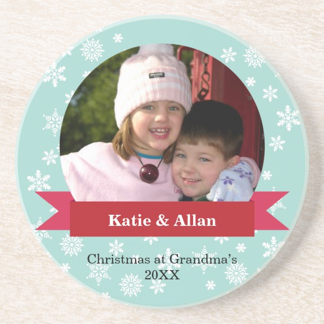 Custom photo red banner snow flakes Christmas Coaster (Front)