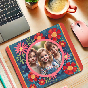 Custom Photo Red Blue Fun Colourful Floral  Mouse Pad
