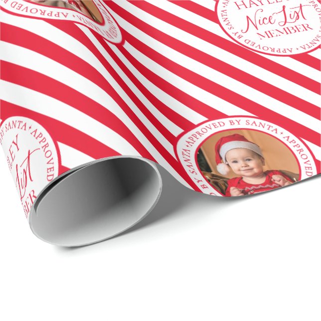 Custom Photo Red Nice List Member Christmas Wrapping Paper (Roll Corner)