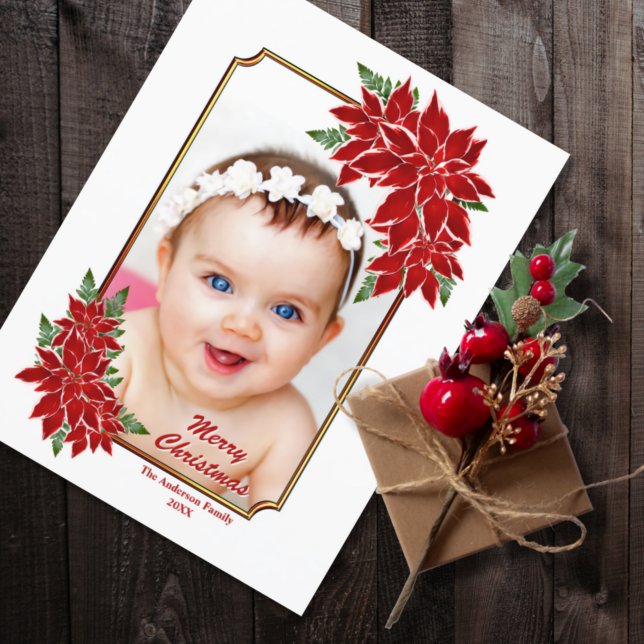 Custom Photo Red Poinsettia White Christmas Holiday Postcard (Creator Uploaded)