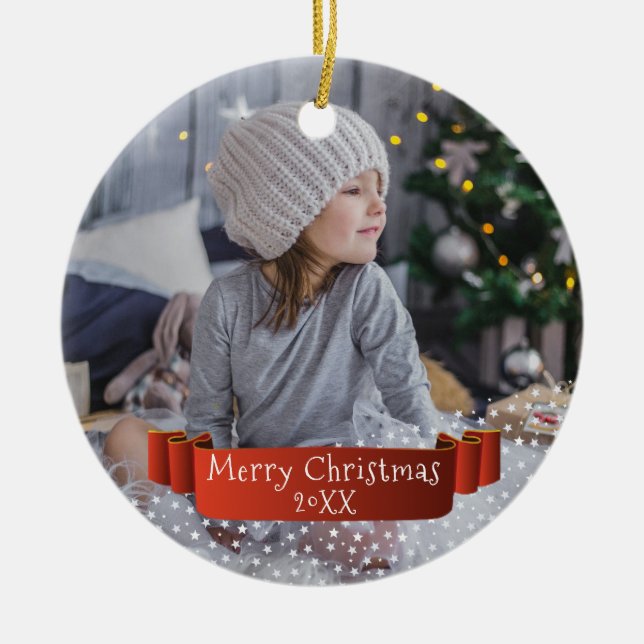 Custom Photo Red Ribbon Christmas Holiday Keepsake Ceramic Ornament (Front)
