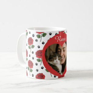 Custom Photo Red Roses and Paw Print Pattern Coffee Mug