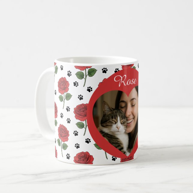 Custom Photo Red Roses and Paw Print Pattern Coffee Mug (Front Left)