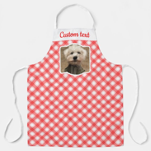 Custom Photo Red & White Country Farmhouse Plaid Apron (Front)