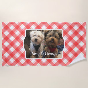 Custom Photo Red & White Country Farmhouse Plaid Beach Towel