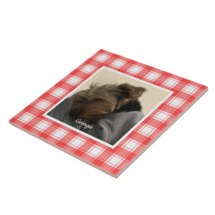 Custom Photo Red & White Country Farmhouse Plaid Ceramic Tile