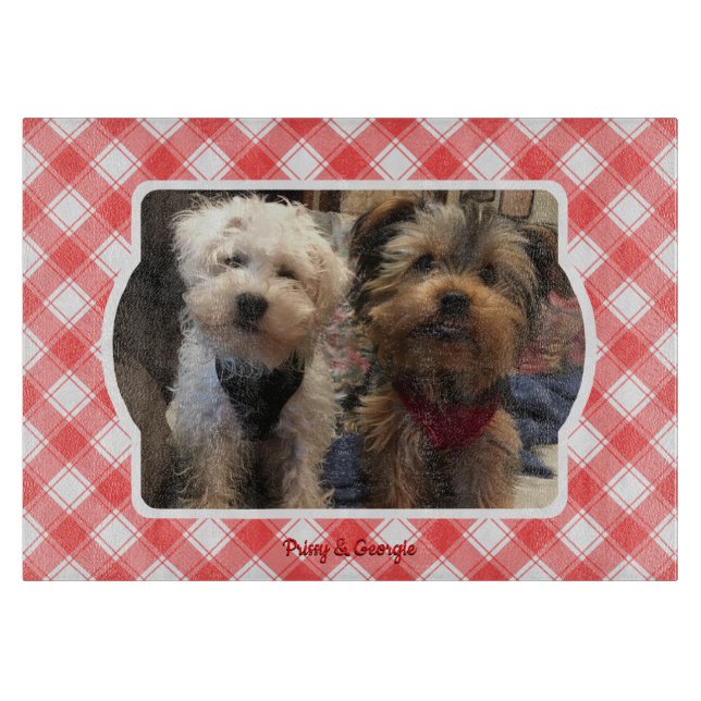 Custom Photo Red & White Country Farmhouse Plaid Cutting Board (Front)