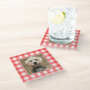 Custom Photo Red & White Country Farmhouse Plaid Glass Coaster