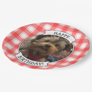 Custom Photo Red & White Country Farmhouse Plaid Paper Plate