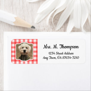 Custom Photo Red & White Country Farmhouse Plaid Return Address Label