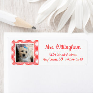 Custom Photo Red & White Country Farmhouse Plaid Return Address Label