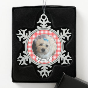 Custom Photo Red & White Country Farmhouse Plaid Snowflake Pewter Christmas Ornament