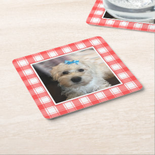 Custom Photo Red & White Country Farmhouse Plaid Square Paper Coaster