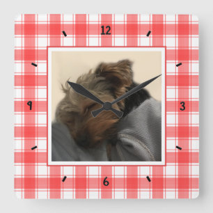 Custom Photo Red & White Country Farmhouse Plaid Square Wall Clock