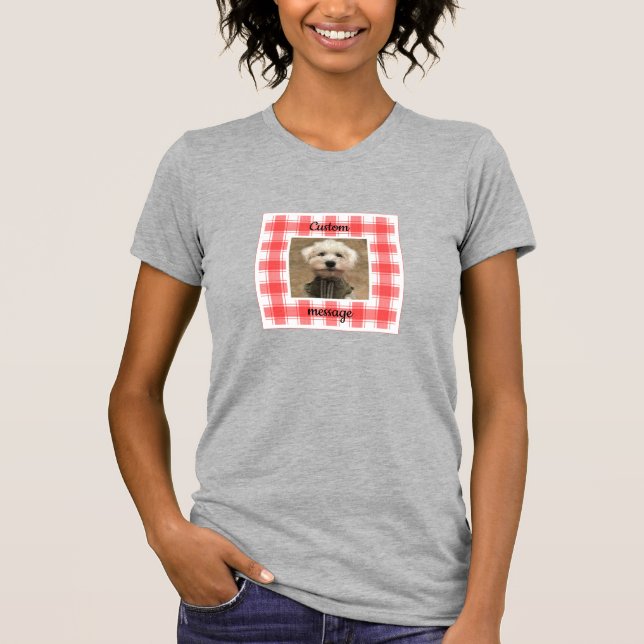 Custom Photo Red & White Country Farmhouse Plaid T-Shirt (Front)