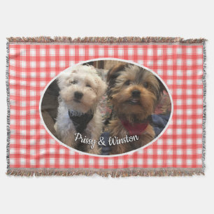 Custom Photo Red & White Country Farmhouse Plaid Throw Blanket