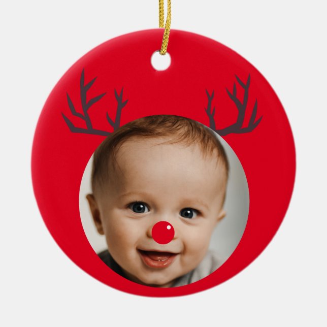 Custom Photo Reindeer Baby's First Christmas Ceramic Ornament (Front)